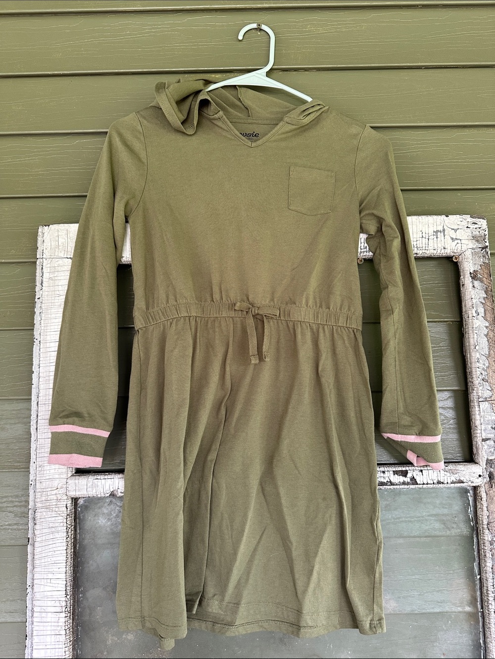 Maurices Olive Green Hooded Knit Dress with Pink Cuff Stripes